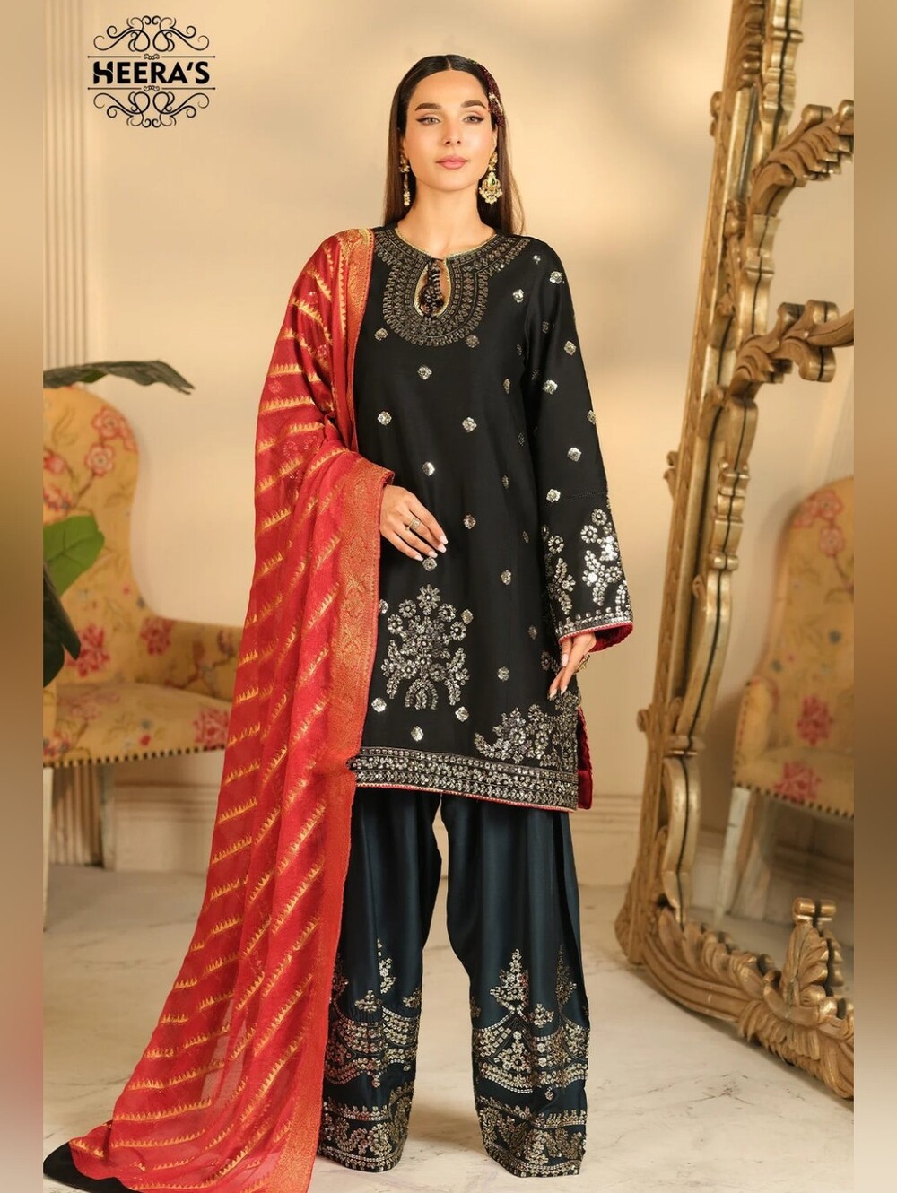 Heeras Official Majestica Royale XL/XXL 51" 3 Piece Farshi Shalwar Suit